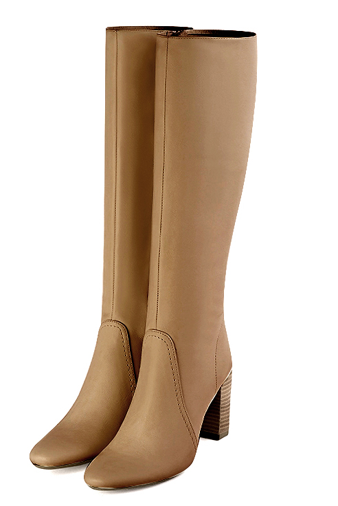 Camel beige women's feminine knee-high boots. Round toe. High block heels. Made to measure - Florence KOOIJMAN